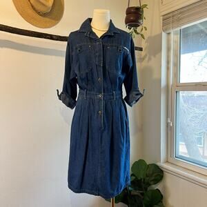 Vintage 90s Blue 100% Cotton Denim Utility Collared Knee Length Dress Size 10
